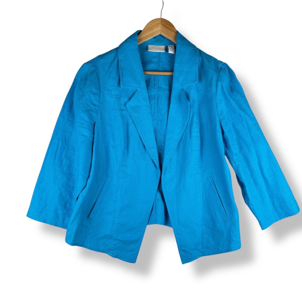 Chicos 100% Linen Blazer Top Jacket Womens Size 1 Fits Medium Turquoise Blue